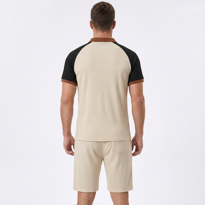 Men's Waffle Knit Two-Piece Set Colour Block Henley T-Shirt Drawstring Shorts