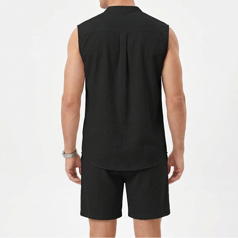 Men's Textured Two-Piece Set Sleeveless Shirt Shorts Band Collar Summer Casual