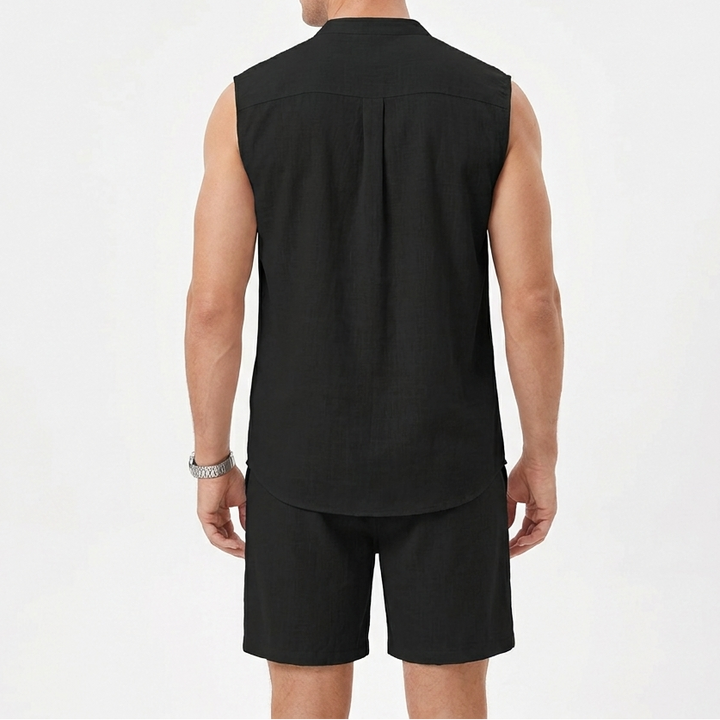 Men's Textured Two-Piece Set Sleeveless Shirt Shorts Band Collar Summer Casual