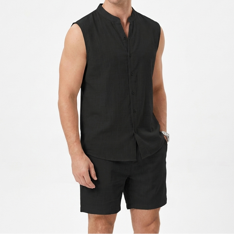 Men's Textured Two-Piece Set Sleeveless Shirt Shorts Band Collar Summer Casual