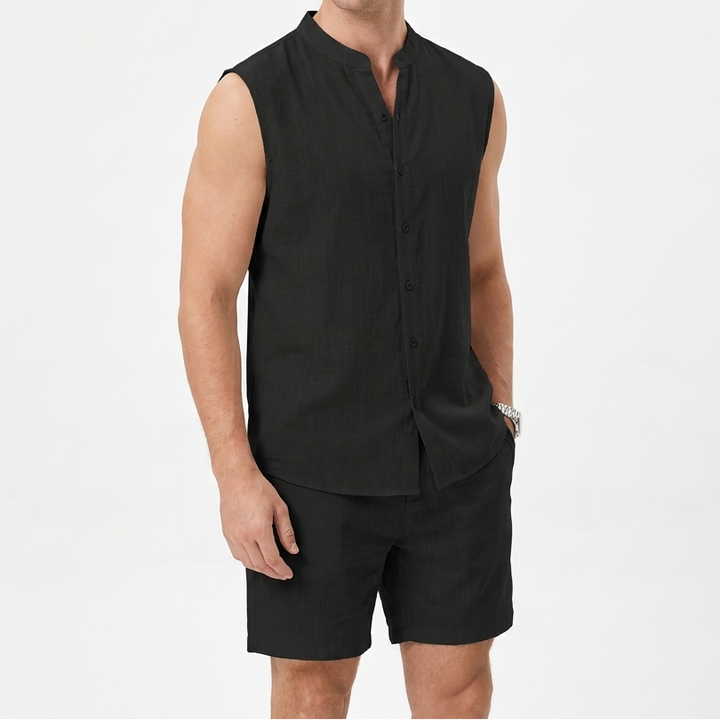 Men's Textured Two-Piece Set Sleeveless Shirt Shorts Band Collar Summer Casual