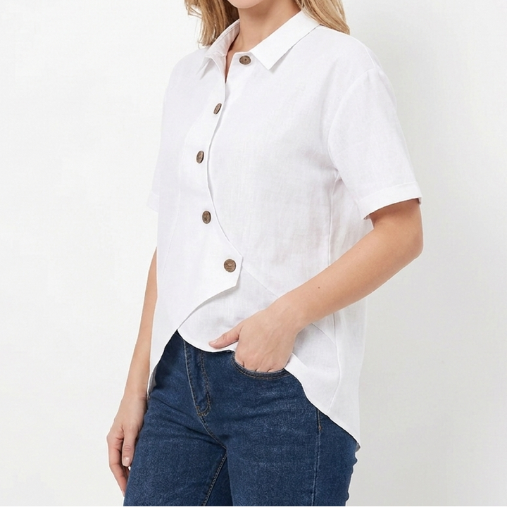 Women's Linen Asymmetric Button-Down Shirt Short-Sleeve Collar Casual Blouse