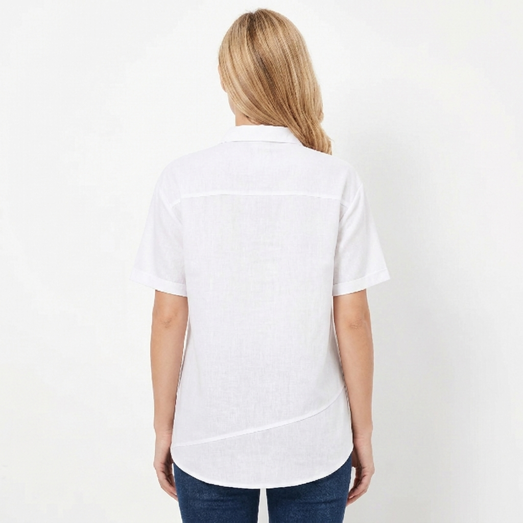 Women's Linen Asymmetric Button-Down Shirt Short-Sleeve Collar Casual Blouse