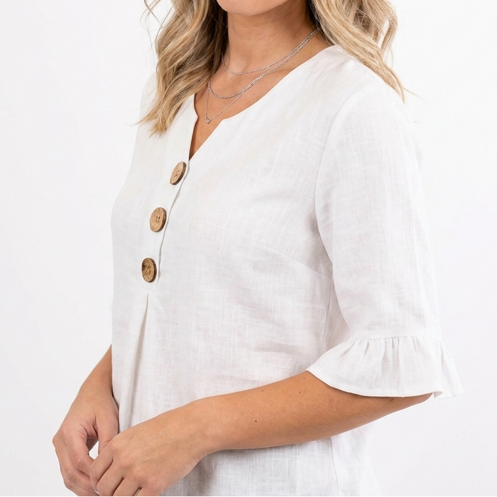 Women's Linen Blend Blouse Relaxed Fit Button-Front Ruffle Sleeve Top
