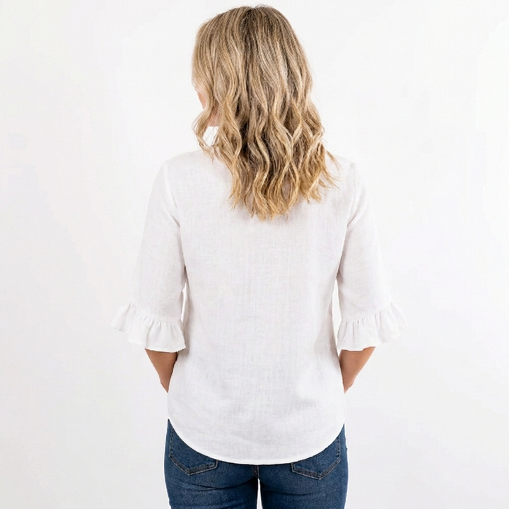 Women's Linen Blend Blouse Relaxed Fit Button-Front Ruffle Sleeve Top