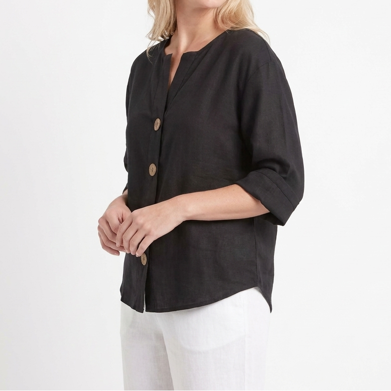 Women's Linen Button Front Blouse V-Neck 3/4 Sleeve Casual Summer Top