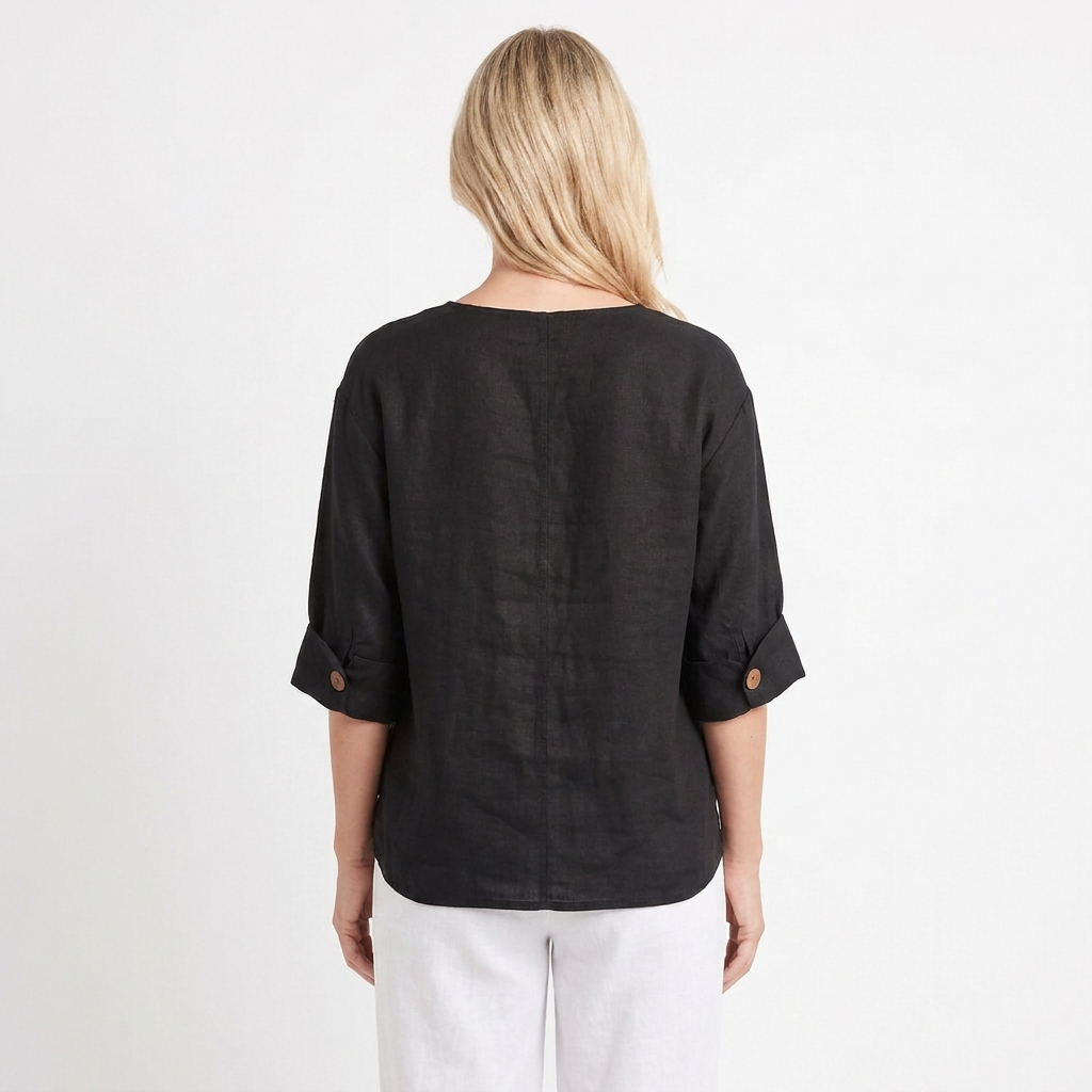 Women's Linen Button Front Blouse V-Neck 3/4 Sleeve Casual Summer Top