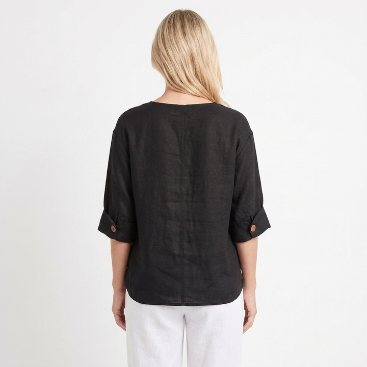 Women's Linen Button Front Blouse V-Neck 3/4 Sleeve Casual Summer Top
