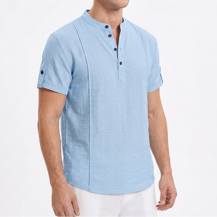 Men's Linen Henley Shirt Short-Sleeve Band Collar Casual Summer Top