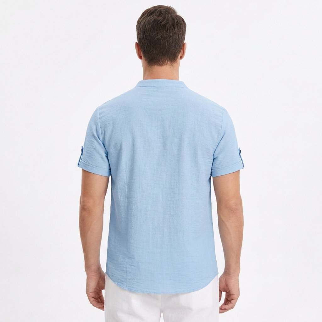 Men's Linen Henley Shirt Short-Sleeve Band Collar Casual Summer Top