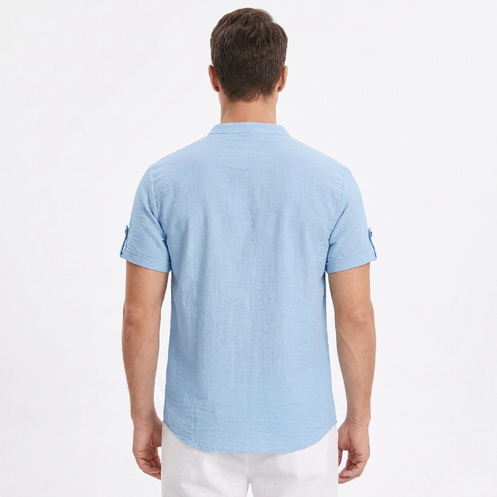 Men's Linen Henley Shirt Short-Sleeve Band Collar Casual Summer Top