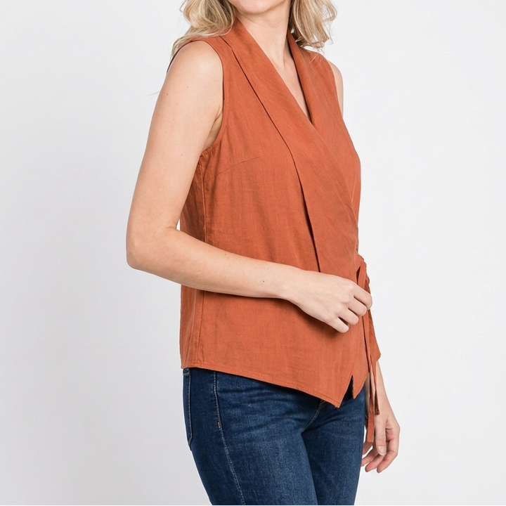 Women's Linen Wrap Top Sleeveless Tie-Waist Asymmetric Draped Casual Blouse