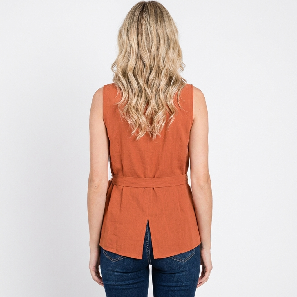 Women's Linen Wrap Top Sleeveless Tie-Waist Asymmetric Draped Casual Blouse