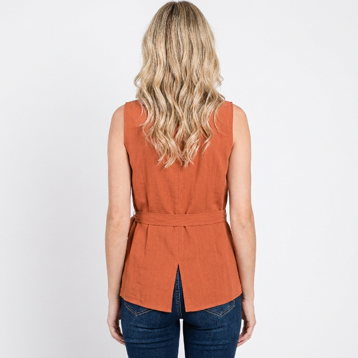 Women's Linen Wrap Top Sleeveless Tie-Waist Asymmetric Draped Casual Blouse