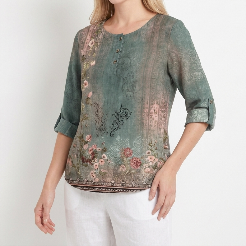 Women's Vintage Floral Print Linen Blend Top Half Sleeve Button Neck