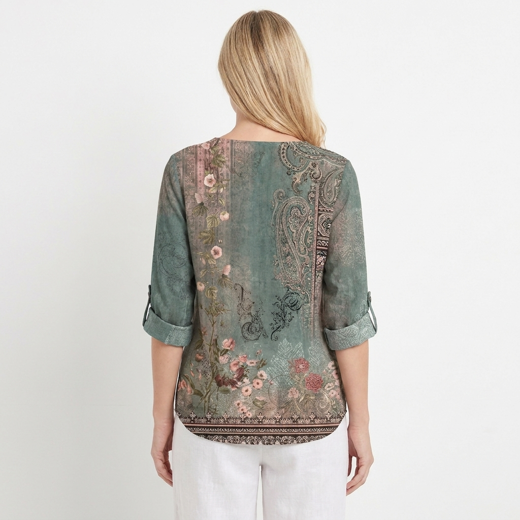 Women's Vintage Floral Print Linen Blend Top Half Sleeve Button Neck