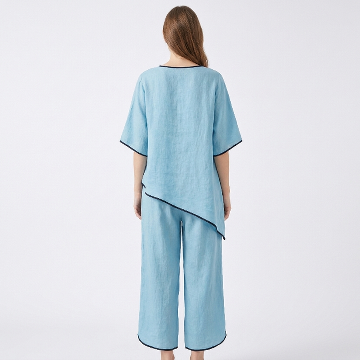 Women's 2-Piece Linen Set Asymmetric Top Wide-Leg Pants Loungewear