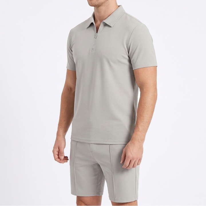 Men's 2-Piece Zip Polo And Shorts Set Casual Short Sleeve Sport