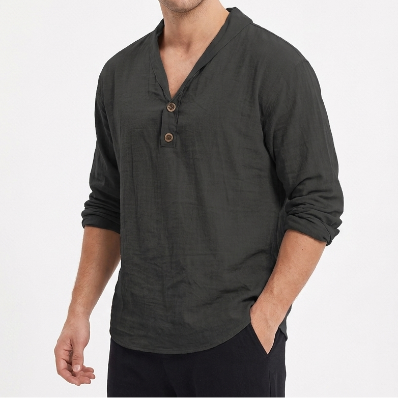 Men's Linen Henley Shirt Long-Sleeve Relaxed Fit Collarless V-Neck
