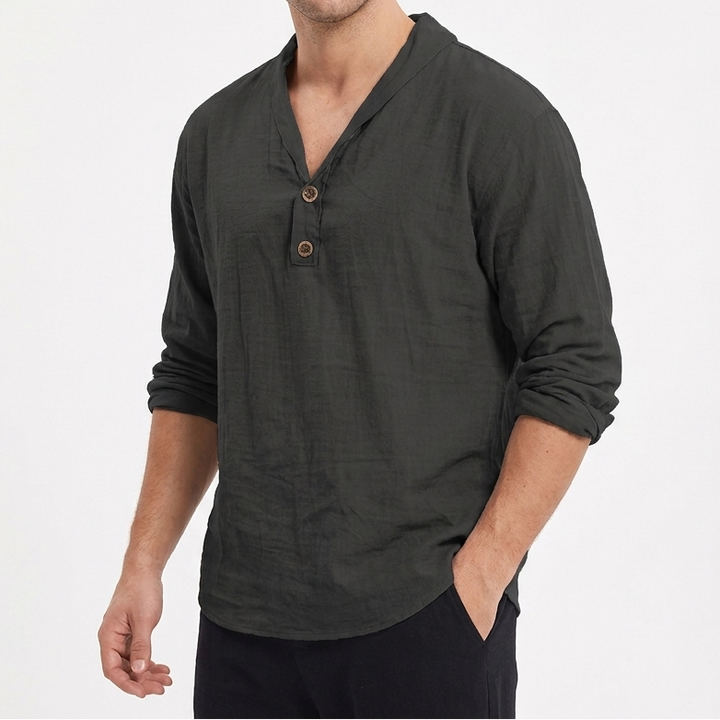 Men's Linen Henley Shirt Long-Sleeve Relaxed Fit Collarless V-Neck