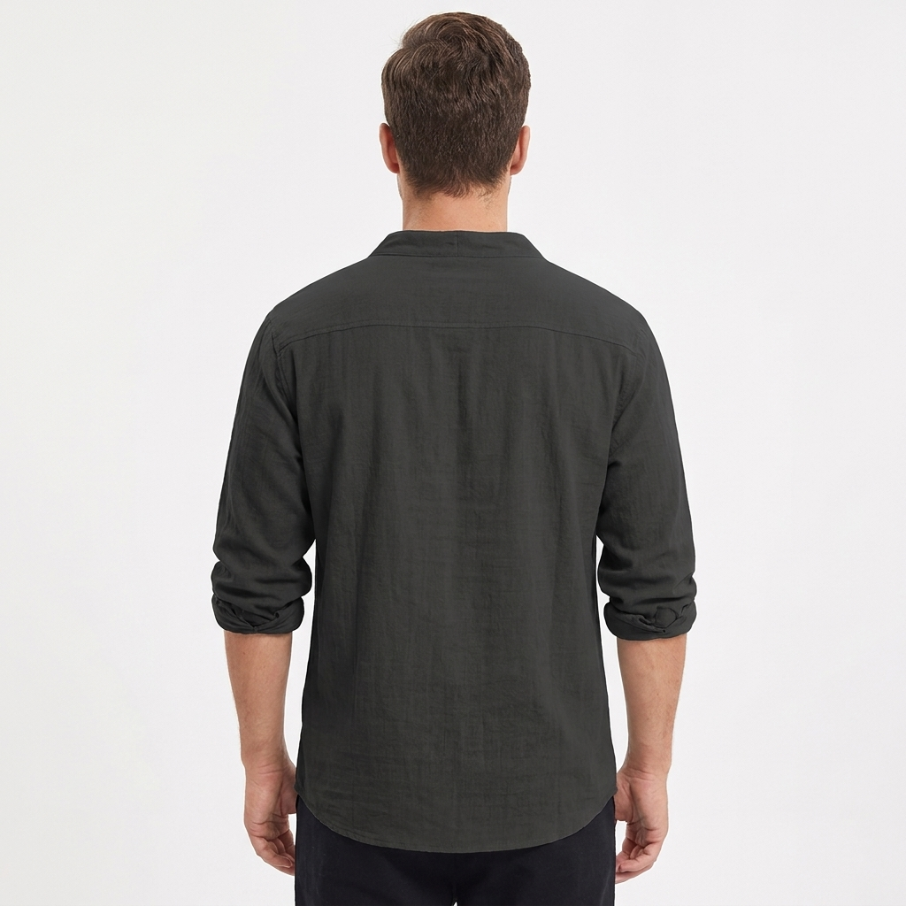 Men's Linen Henley Shirt Long-Sleeve Relaxed Fit Collarless V-Neck