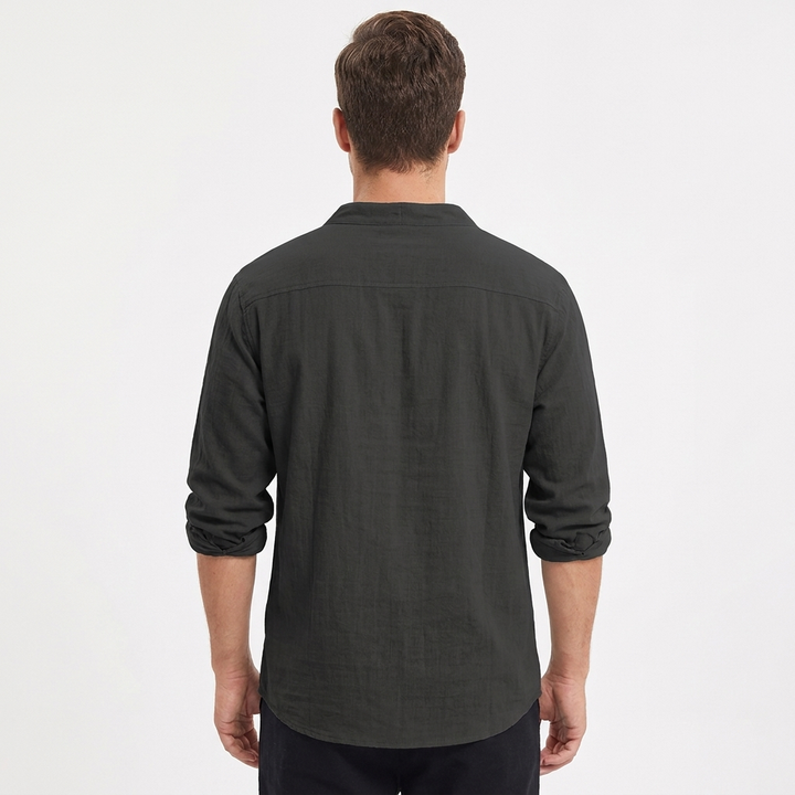 Men's Linen Henley Shirt Long-Sleeve Relaxed Fit Collarless V-Neck