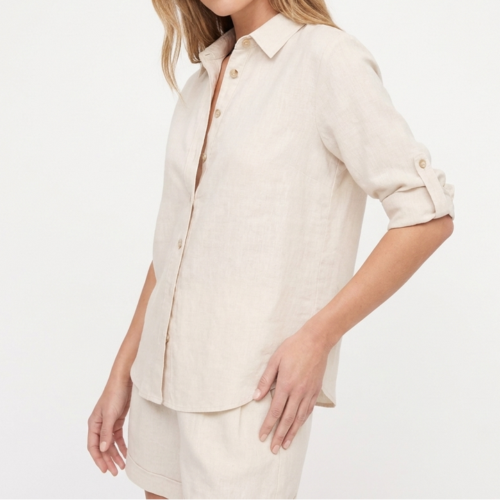 Women's Two-Piece Linen Set Button-Up Shirt Tailored Shorts Casual