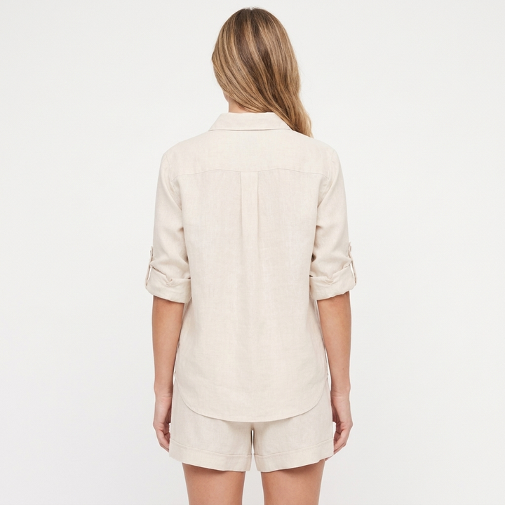 Women's Two-Piece Linen Set Button-Up Shirt Tailored Shorts Casual