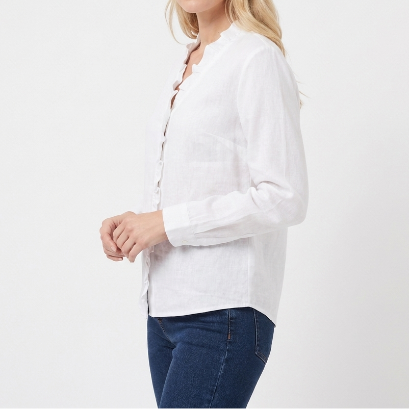 Women's Ruffle V-Neck Blouse Long Sleeve Cotton Linen Top