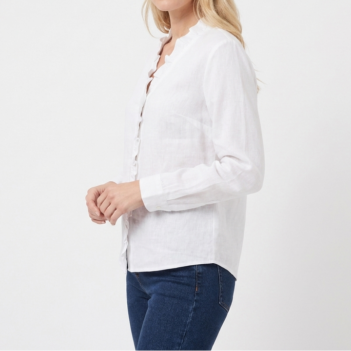 Women's Ruffle V-Neck Blouse Long Sleeve Cotton Linen Top
