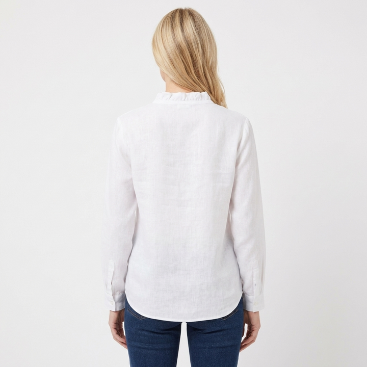 Women's Ruffle V-Neck Blouse Long Sleeve Cotton Linen Top