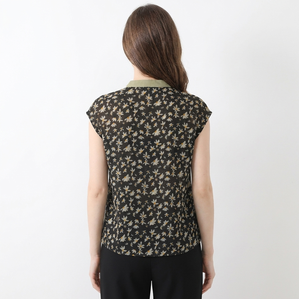 Women's Floral Print Linen Top Cap Sleeve Mandarin Collar Blouse