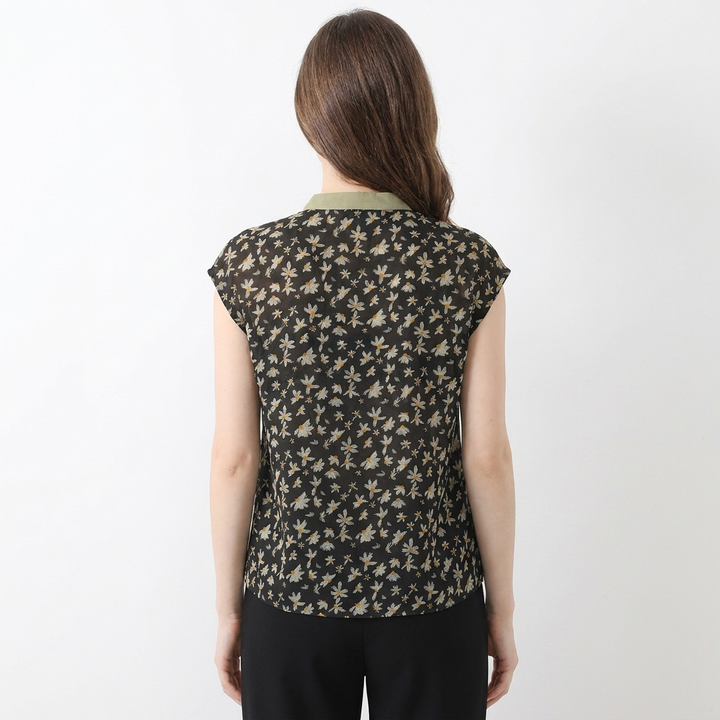 Women's Floral Print Linen Top Cap Sleeve Mandarin Collar Blouse