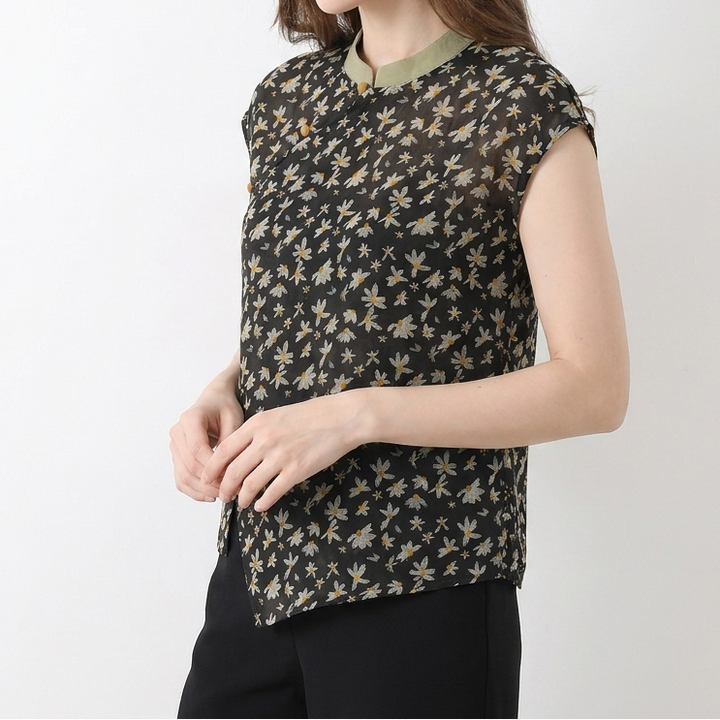 Women's Floral Print Linen Top Cap Sleeve Mandarin Collar Blouse