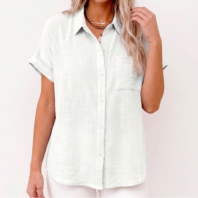 Women's Cotton Linen Shirt Short Sleeve Button-Up Casual Top