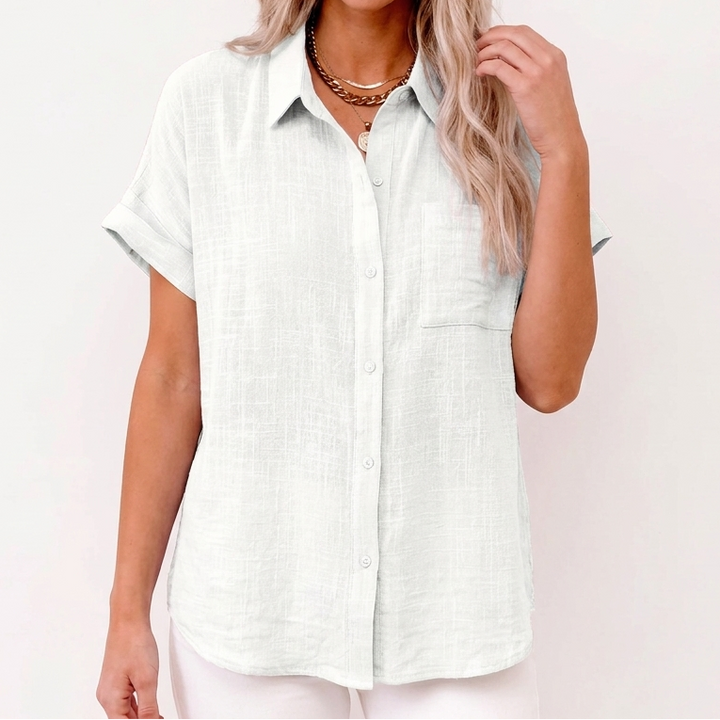 Women's Cotton Linen Shirt Short Sleeve Button-Up Casual Top