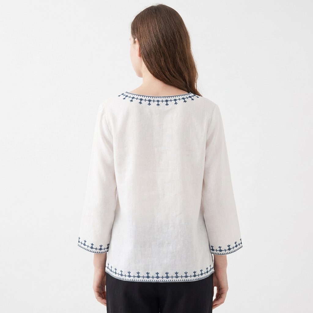 Women's Embroidered Linen Blouse V-Neck Long Sleeve Ethnic Top