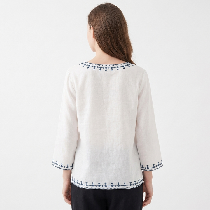 Women's Embroidered Linen Blouse V-Neck Long Sleeve Ethnic Top