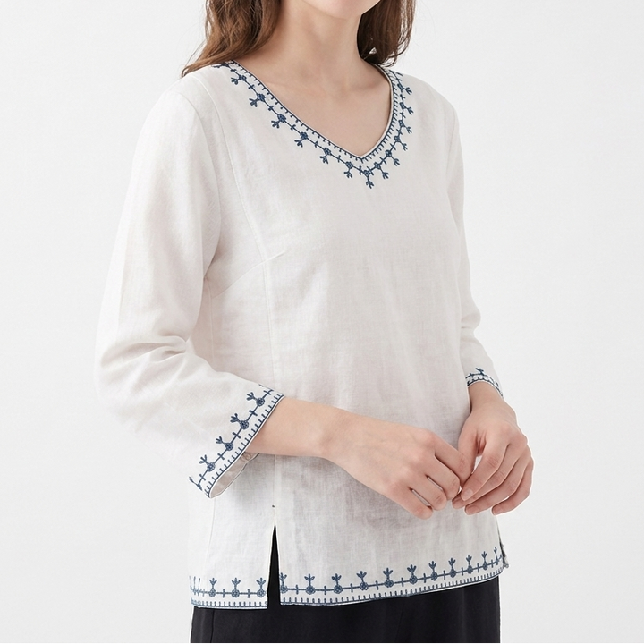 Women's Embroidered Linen Blouse V-Neck Long Sleeve Ethnic Top