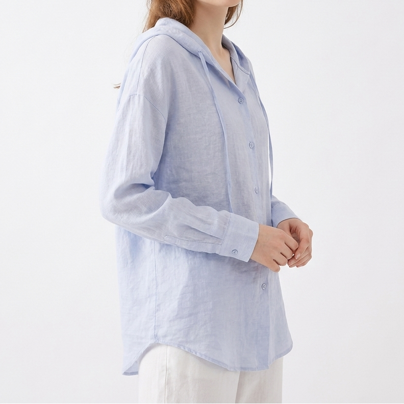 Women's Hooded Linen Shirt Long Sleeve Button-Up Lightweight Top