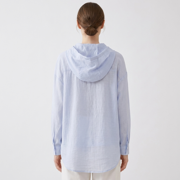 Women's Hooded Linen Shirt Long Sleeve Button-Up Lightweight Top