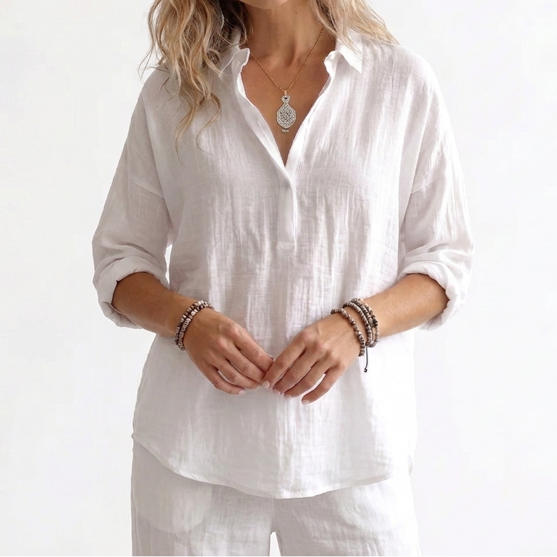 Women's Linen Popover Shirt Long Sleeve Collared Loose Blouse