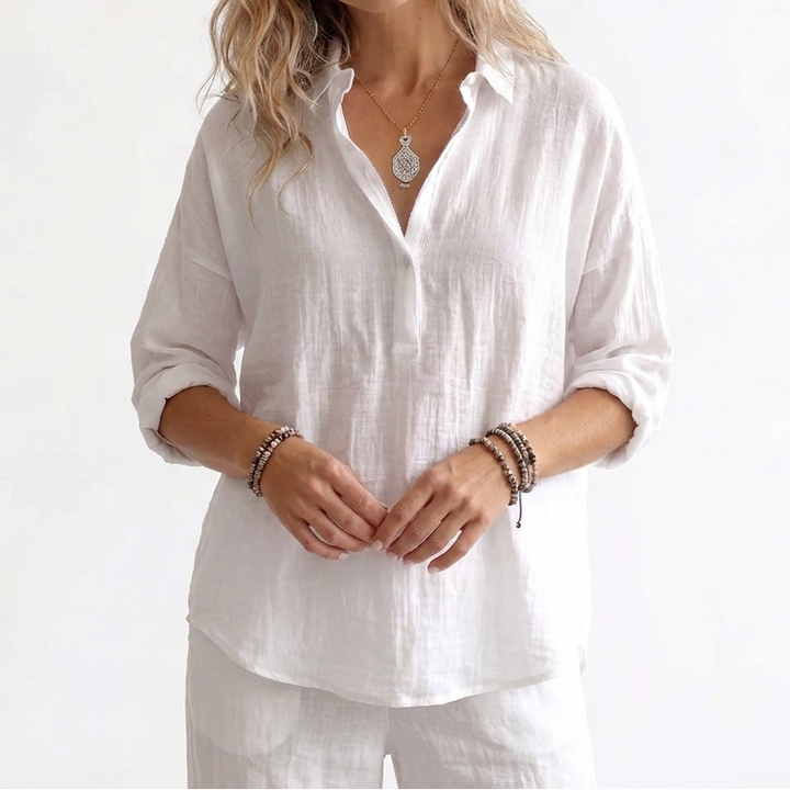 Women's Linen Popover Shirt Long Sleeve Collared Loose Blouse