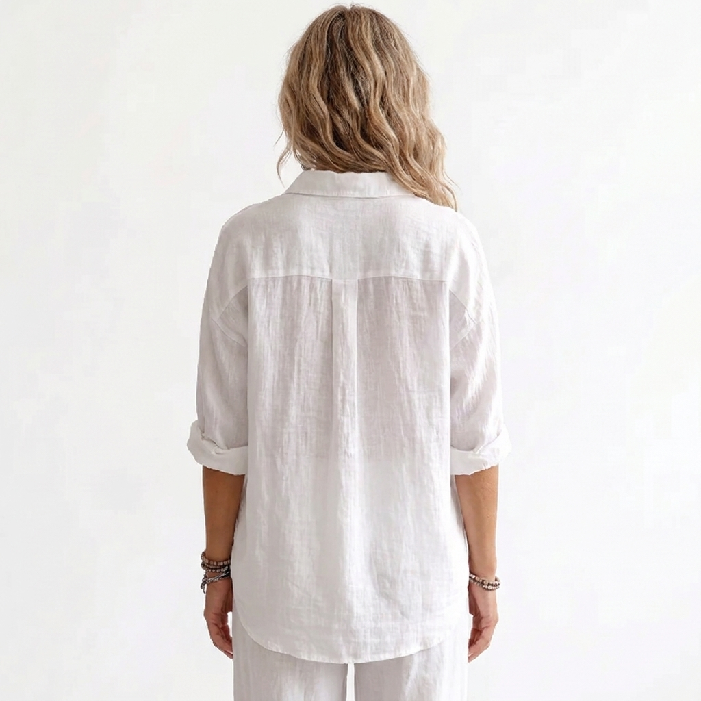 Women's Linen Popover Shirt Long Sleeve Collared Loose Blouse