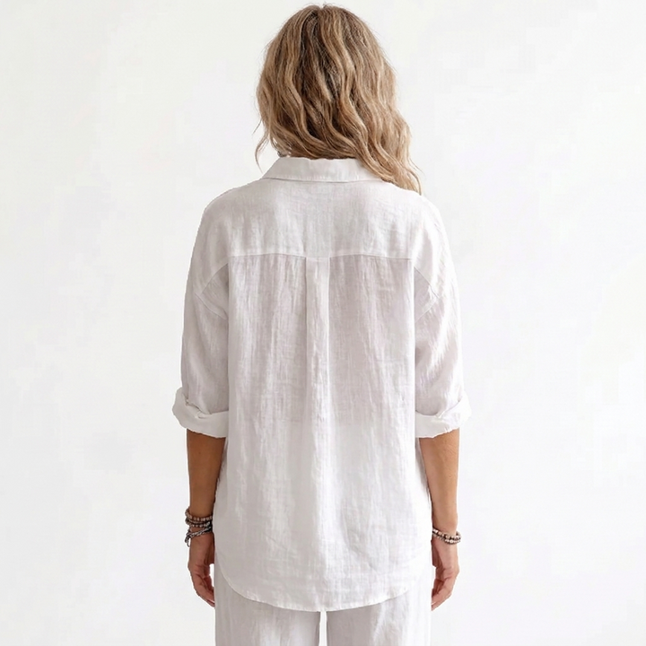 Women's Linen Popover Shirt Long Sleeve Collared Loose Blouse