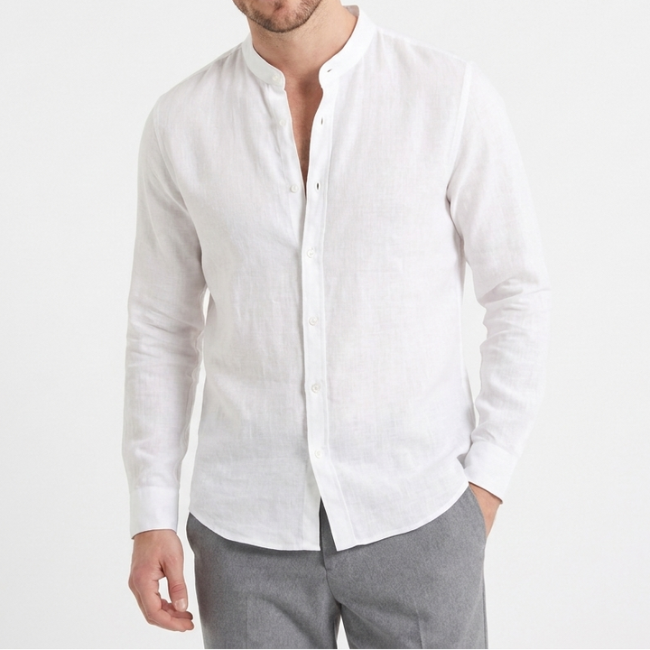 Men's Linen Button-Up Shirt Long Sleeve Band Collar Casual