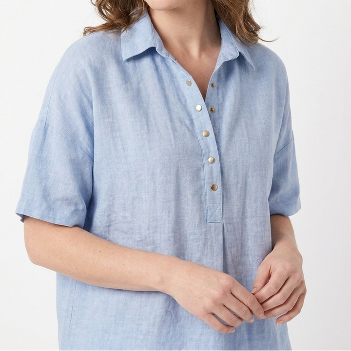 Women's Linen Blend Popover Shirt Collared Short Sleeve Top