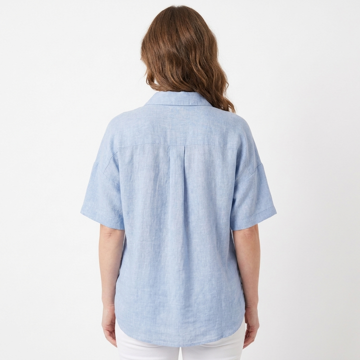 Women's Linen Blend Popover Shirt Collared Short Sleeve Top