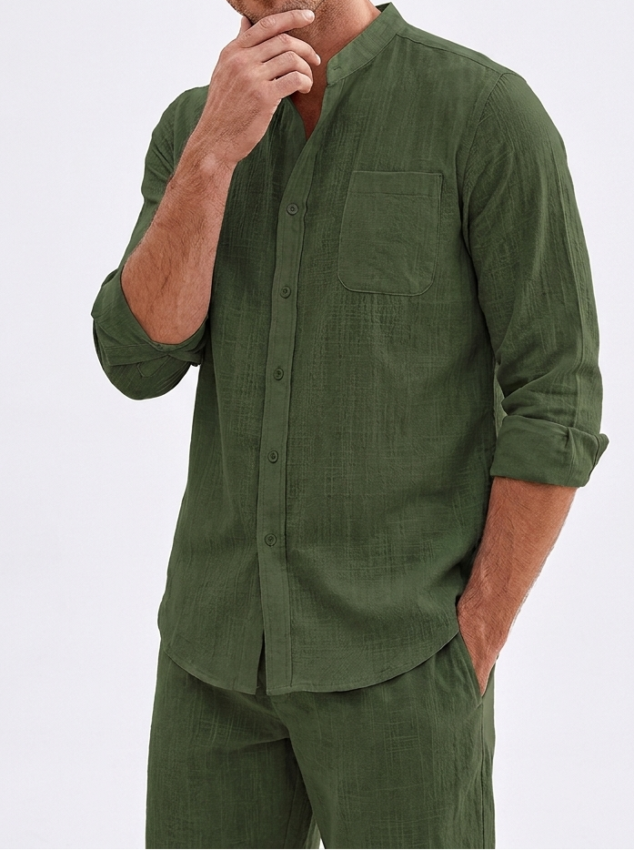 Men's Linen Two-Piece Set Long Sleeve Shirt Shorts Casual