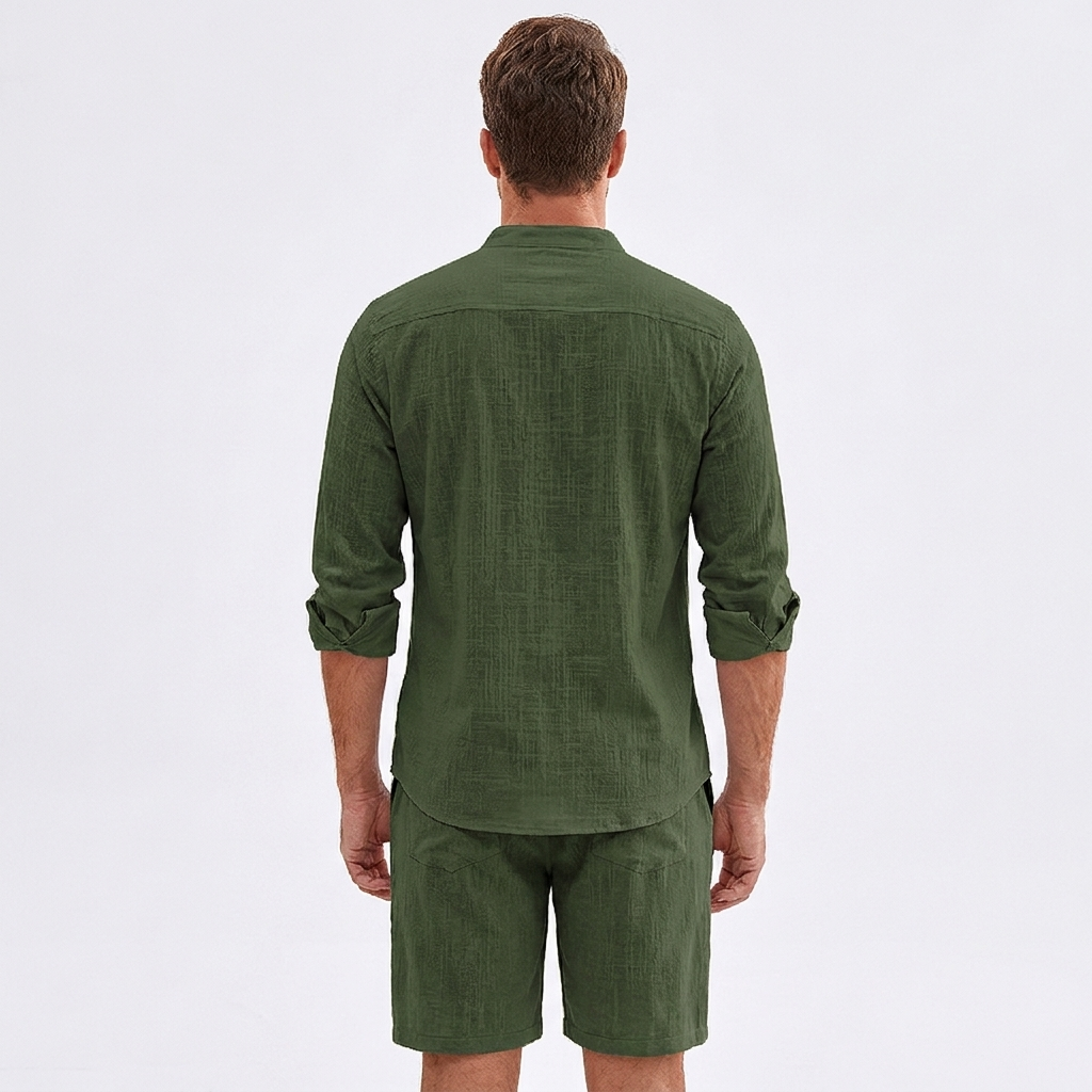 Men's Linen Two-Piece Set Long Sleeve Shirt Shorts Casual